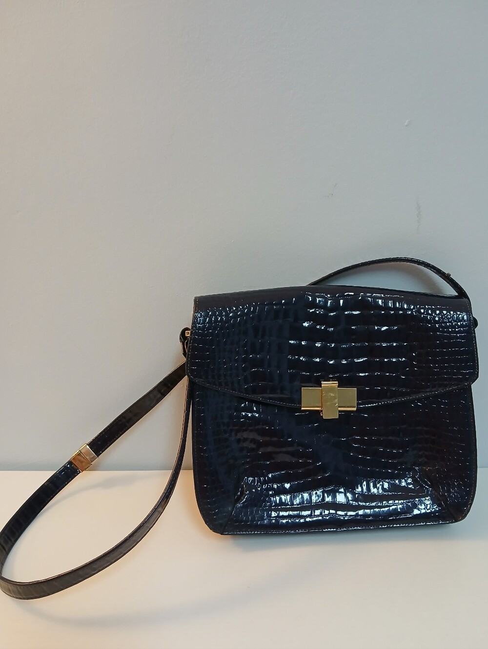 Vintage Saks Fifth Ave Patent Leather Croc-Embossed Shoulder Bag in Navy